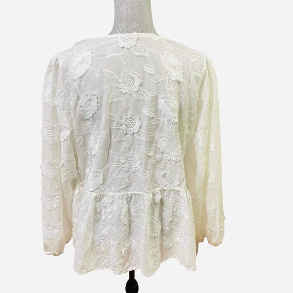 White Floral Embroidered Button Front Blouse with Pearl Accents – 100% Cotton - Picture 4 of 13